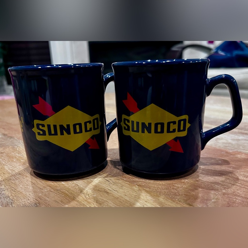 Vintage Sunoco Porcelain Mugs – Made in England, Set of 2, Cobalt Blue